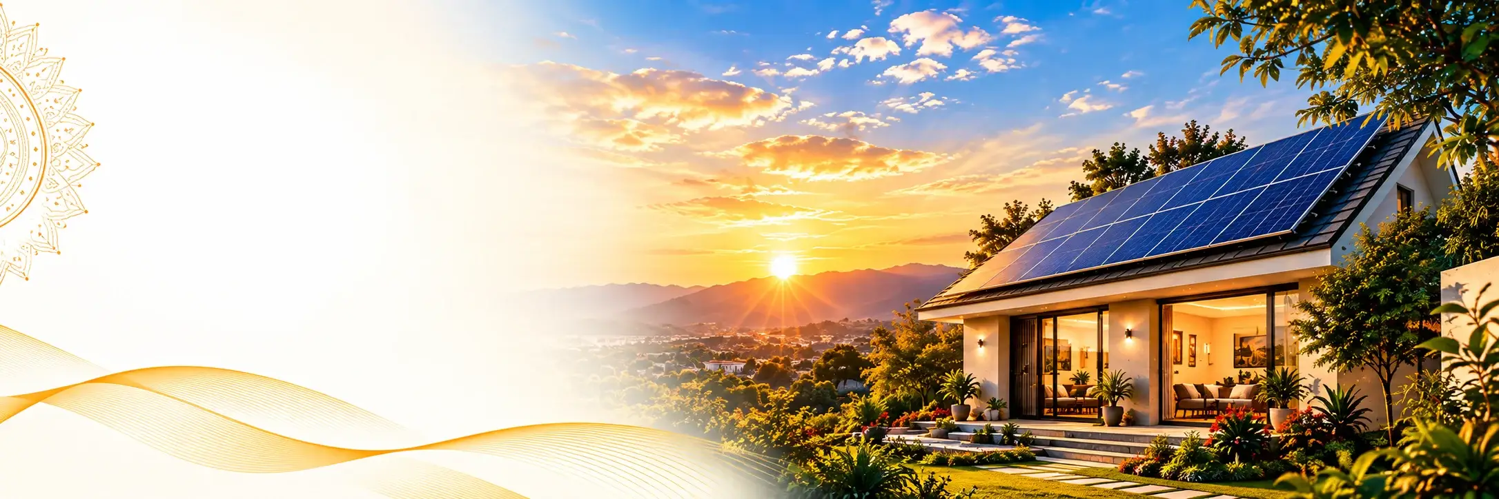 Modern solar-powered home at sunset
